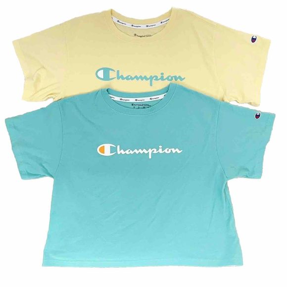 Champion Cropped Tshirt Oversized M L Top Bundle Short Sleeves Knit Yellow Aqua - Picture 1 of 16